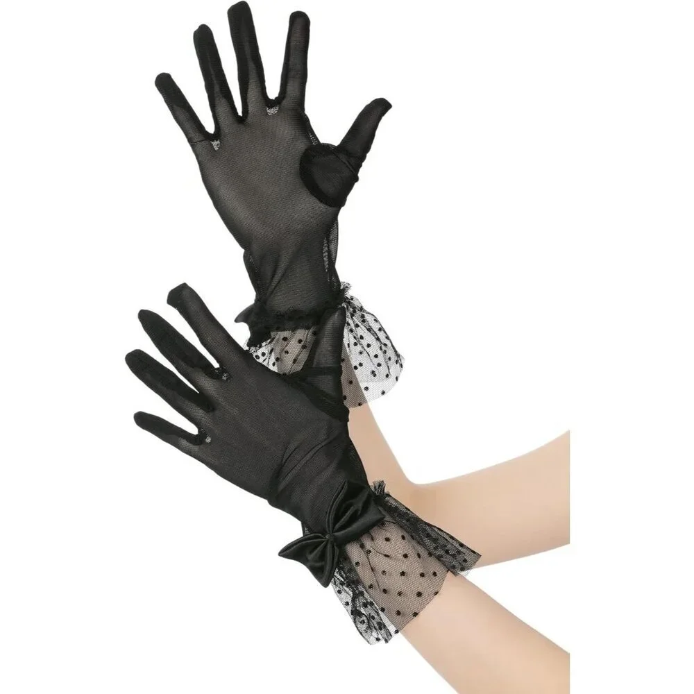 Women's Short Black Lace Bow  Polka Dots Gloves Mesh Wedding Tea Party Prom